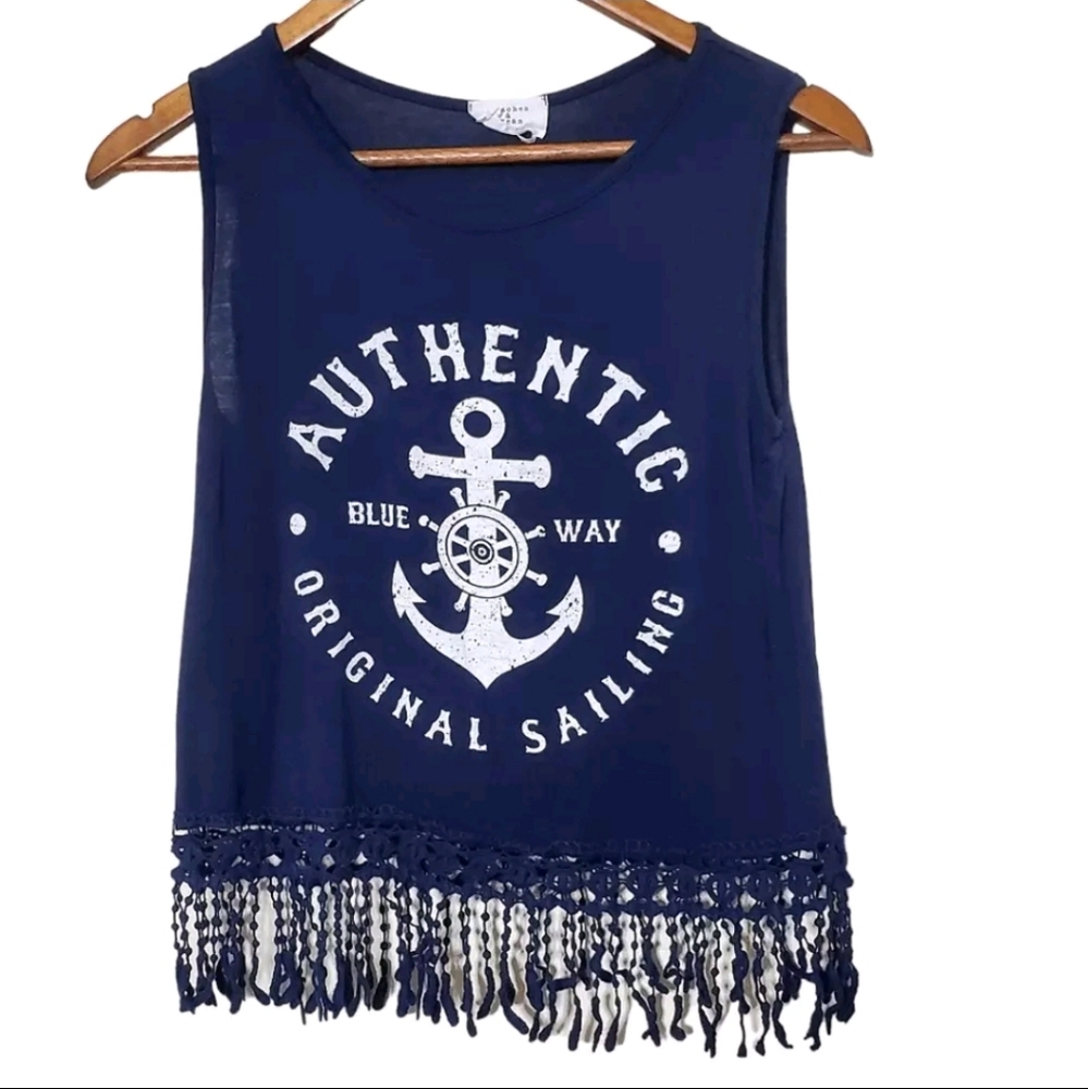 Peaches & Cream Navy Blue Sailing Cropped Fringe Shirt Size Medium